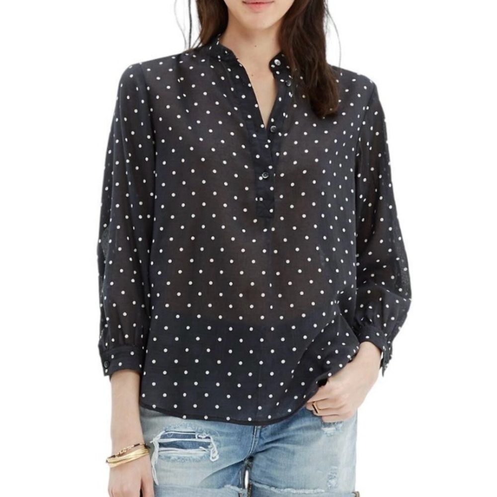 Madewell Black White Polka Dot Shirred 3/4 Sleeve Popover Peasant Blouse Medium